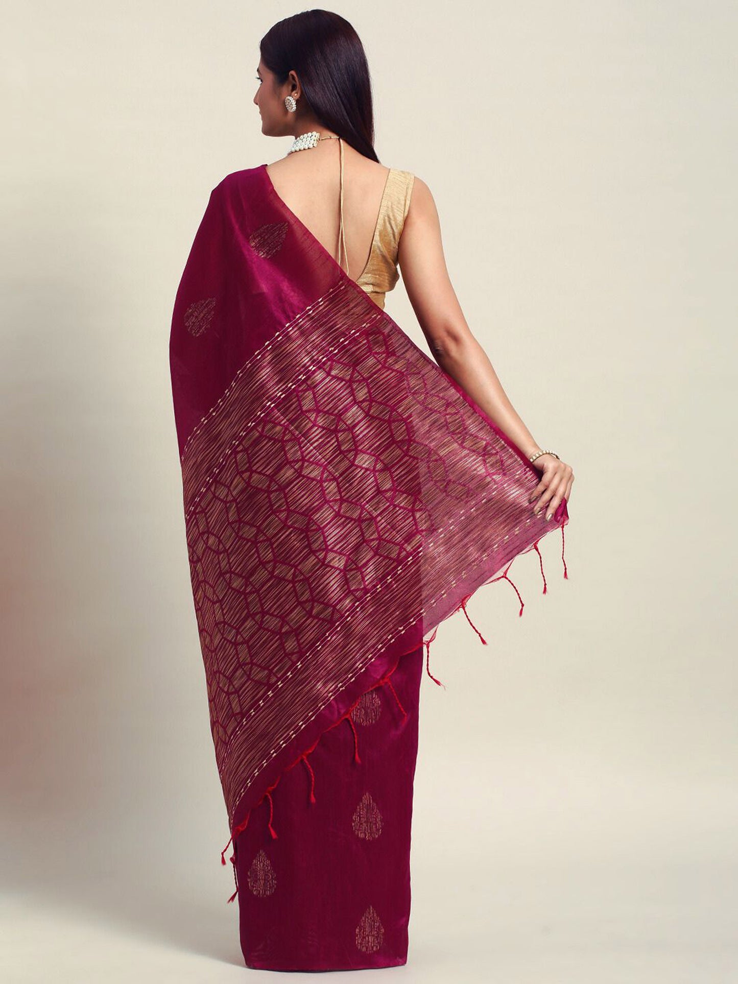 Wine Handloom Ghicha Raw Silk Butti woven saree