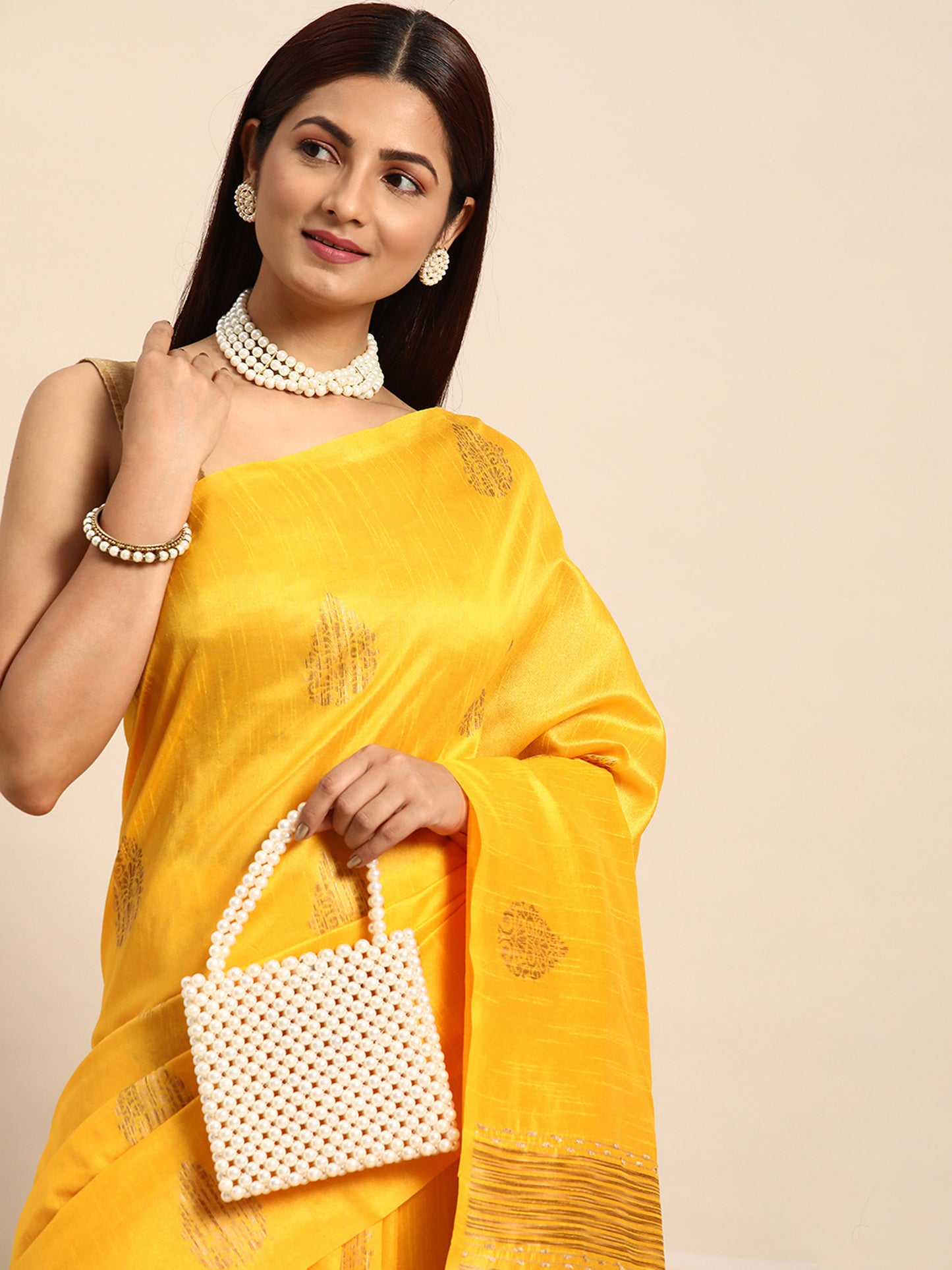 Yellow Handloom Ghicha Raw Silk Butti woven saree