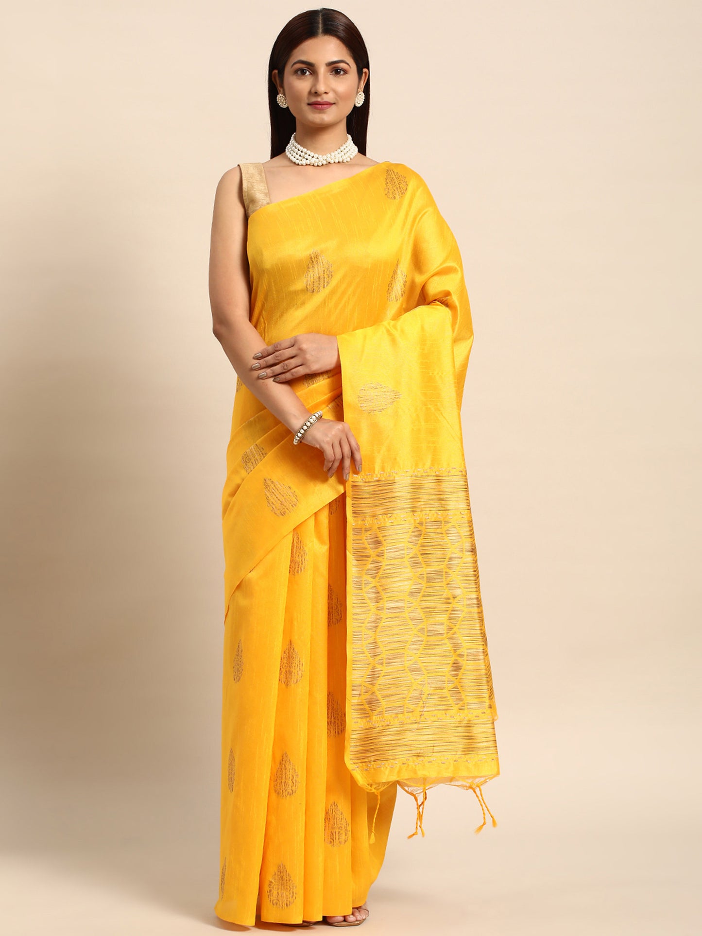 Yellow Handloom Ghicha Raw Silk Butti woven saree