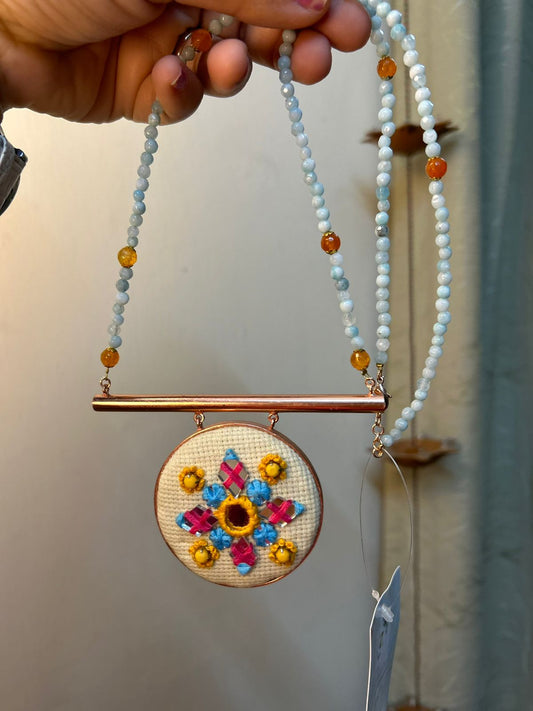 Hand Embroidered Necklaces - Beige and White