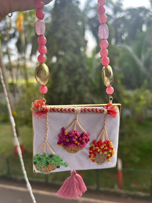 Hand Embroidered Necklaces - Pink and White