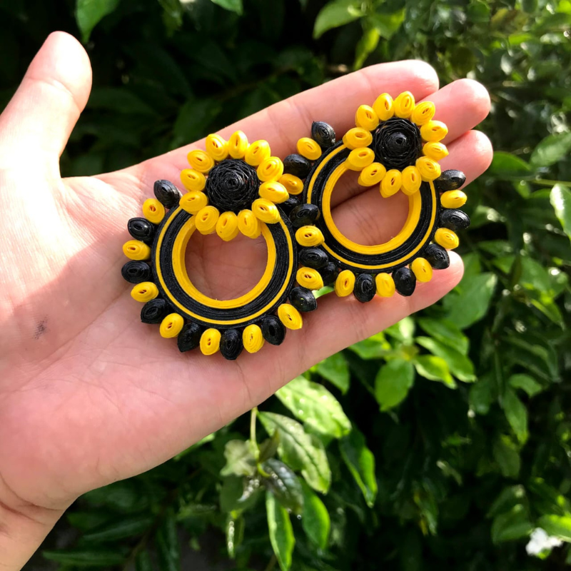 Quilling Waterproof Black and Yellow Earrings