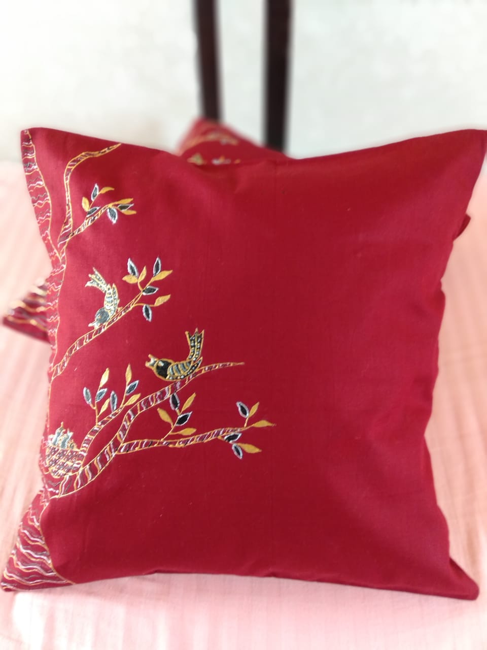 Artistic Hand Embroidery Cushion Cover | Red Embroidery Cushion - Rank Never Retire