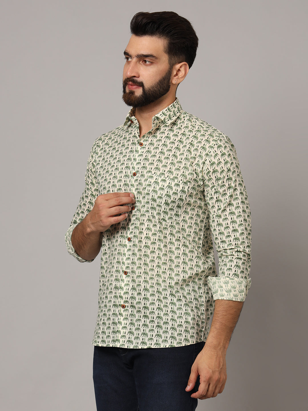 MILLENNIAL MEN Green Ethnic Motif Pure Cotton Regular Fit Casual Shirt