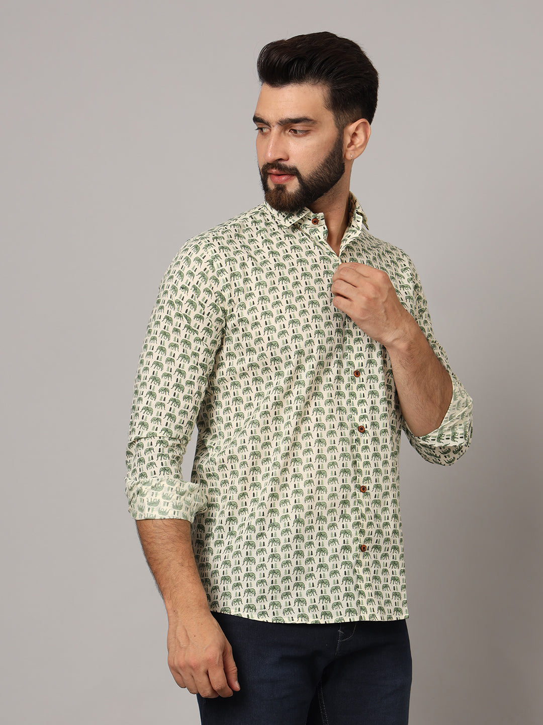 MILLENNIAL MEN Green Ethnic Motif Pure Cotton Regular Fit Casual Shirt