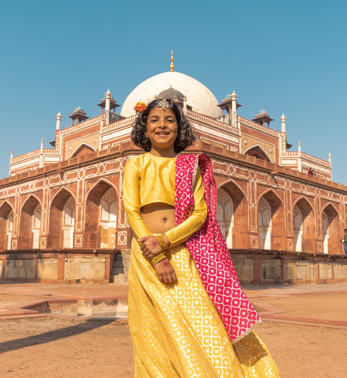 Buti Chanderi cutwork kids lehenga in mustard color