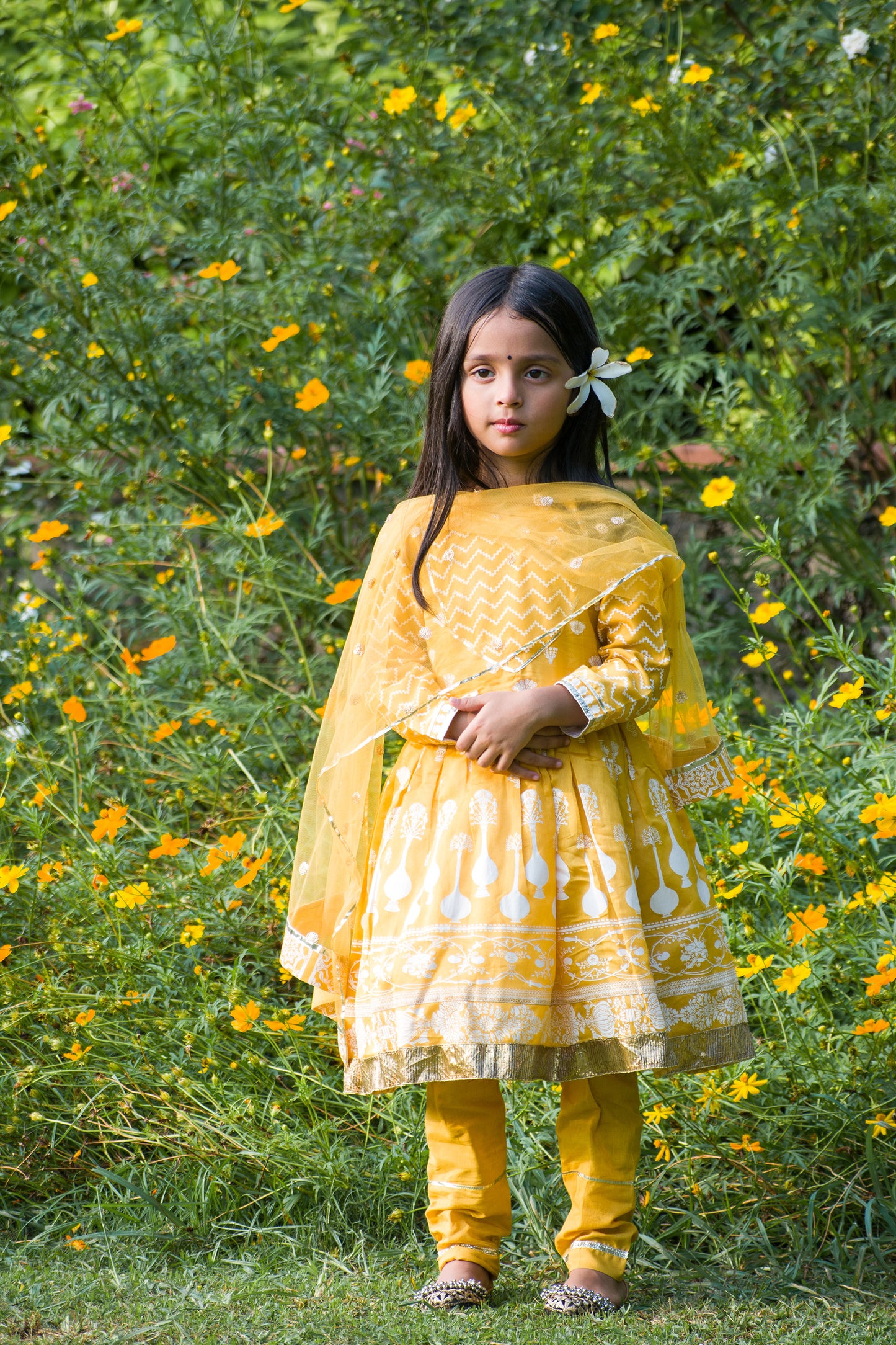 Yellow Block Printed Kids Anarkali