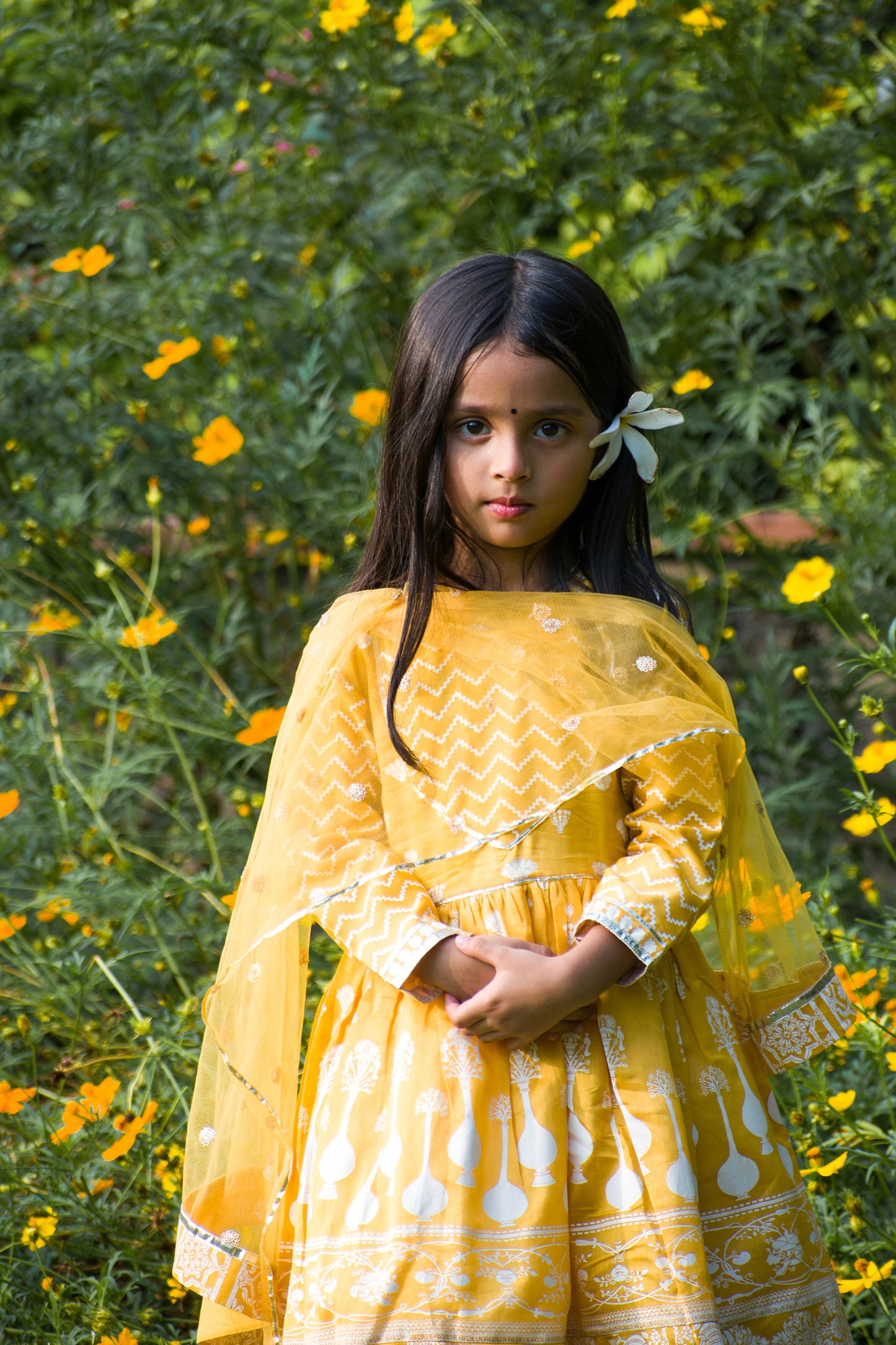 Yellow Block Printed Kids Anarkali