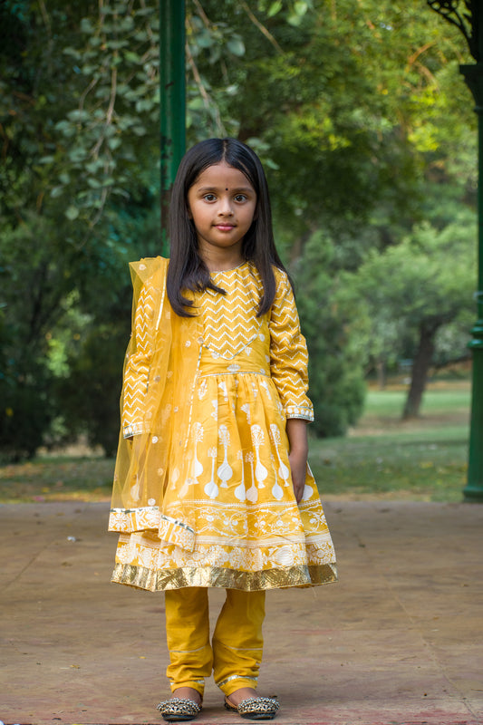 Yellow Block Printed Kids Anarkali