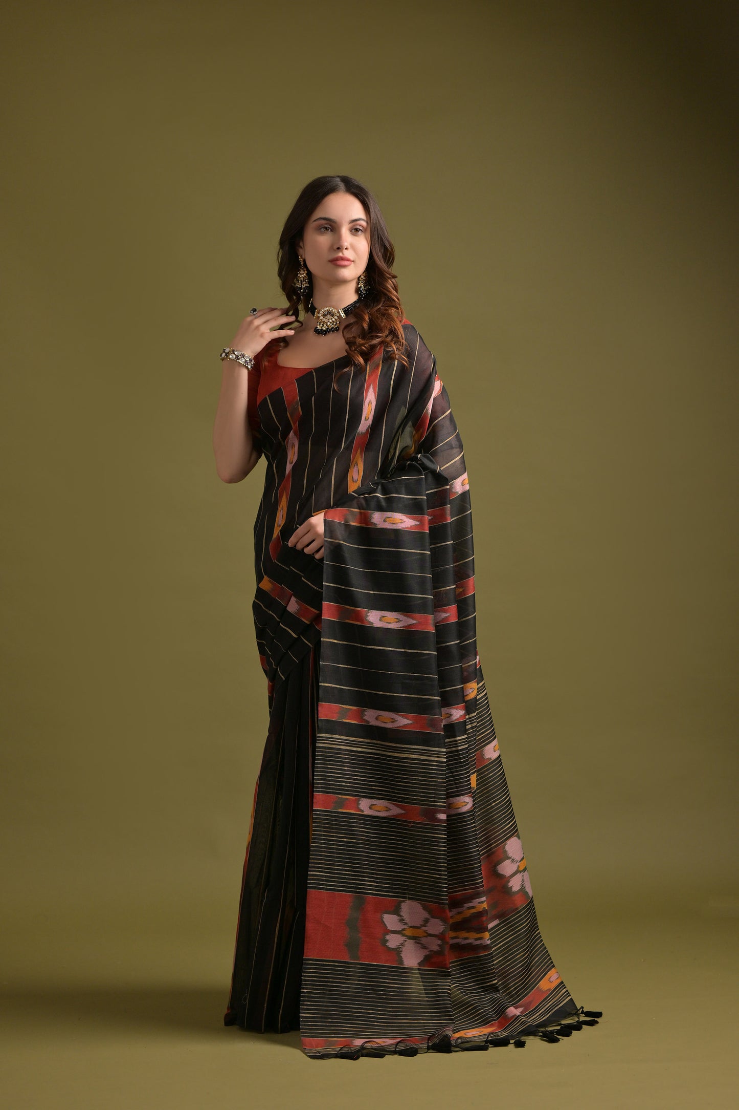 Black Soft Ikkat Printed Cotton saree