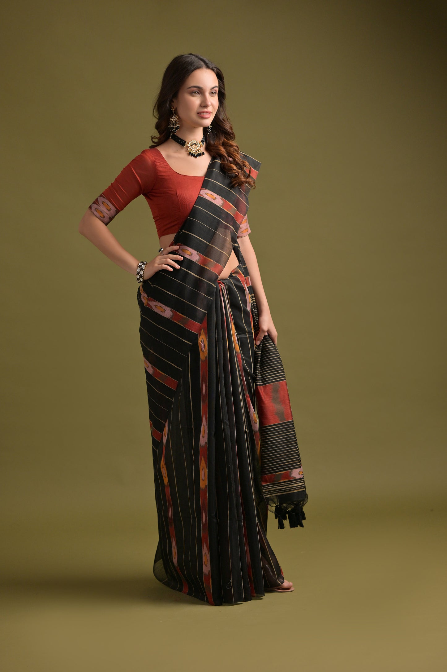 Black Soft Ikkat Printed Cotton saree