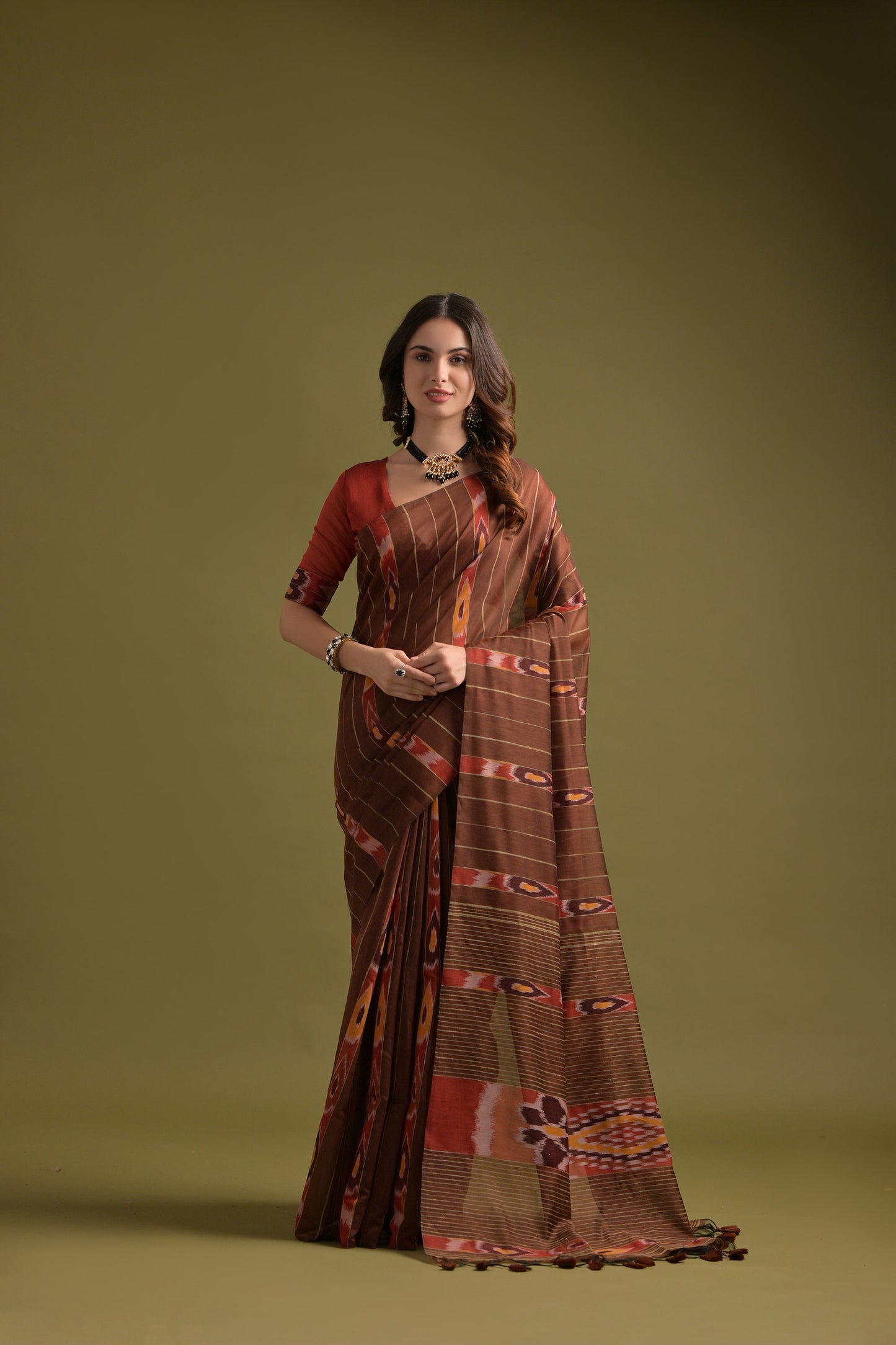 Coffee Soft Ikkat Printed Cotton saree