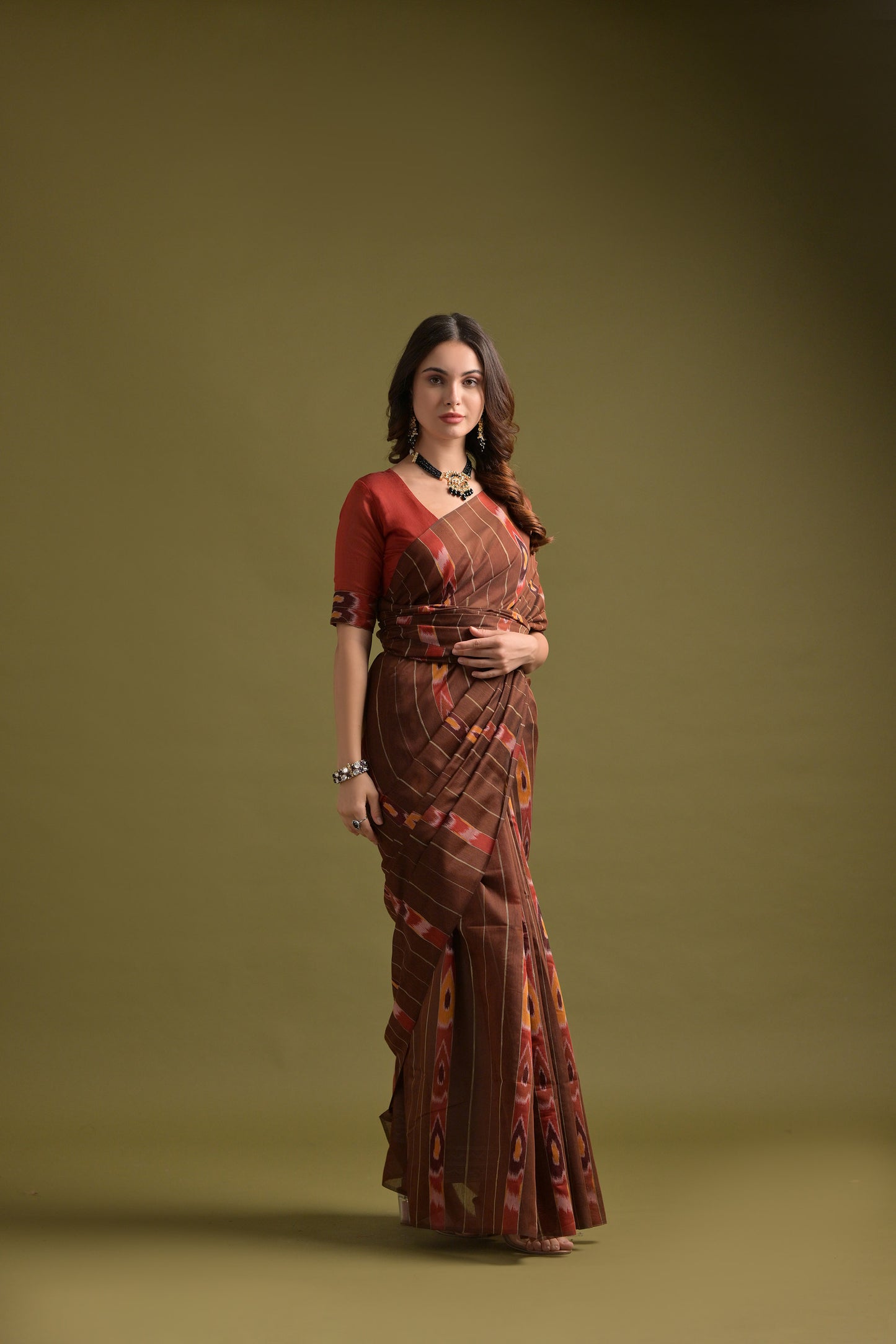 Coffee Soft Ikkat Printed Cotton saree