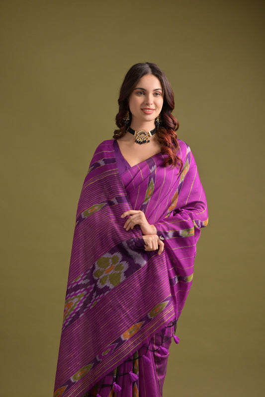 Pink Soft Ikkat Printed Cotton saree