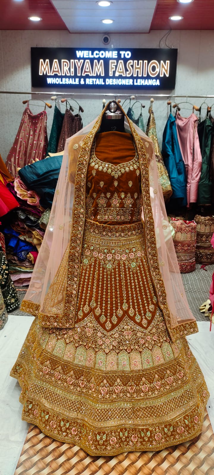 Red Velvet Zarkan Embroidery Bridal lehenga