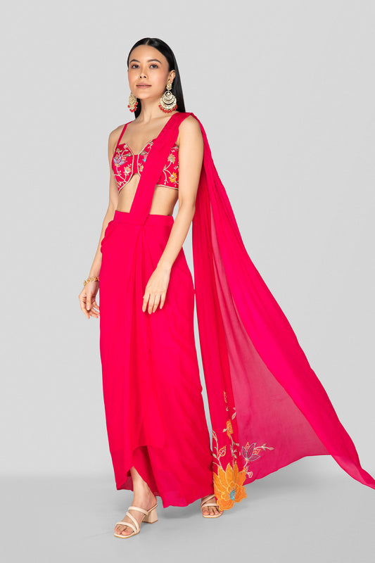 Hot Pink Applique Saree Set - Nazm