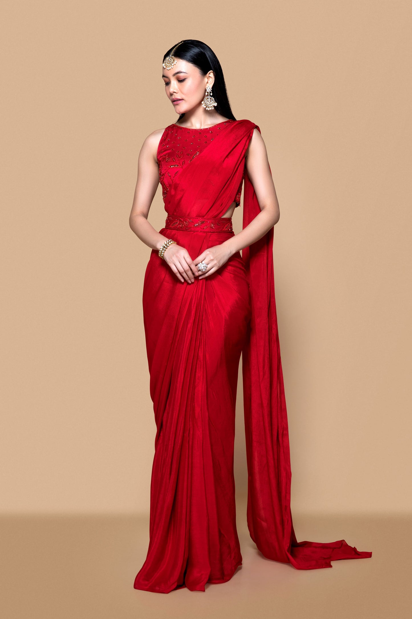 Red Pre Drape Saree Set With Blouse