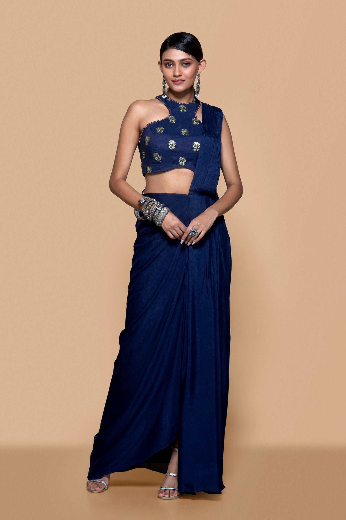 Blue Embroidered Brocade Saree - Sanjev Marwaaha