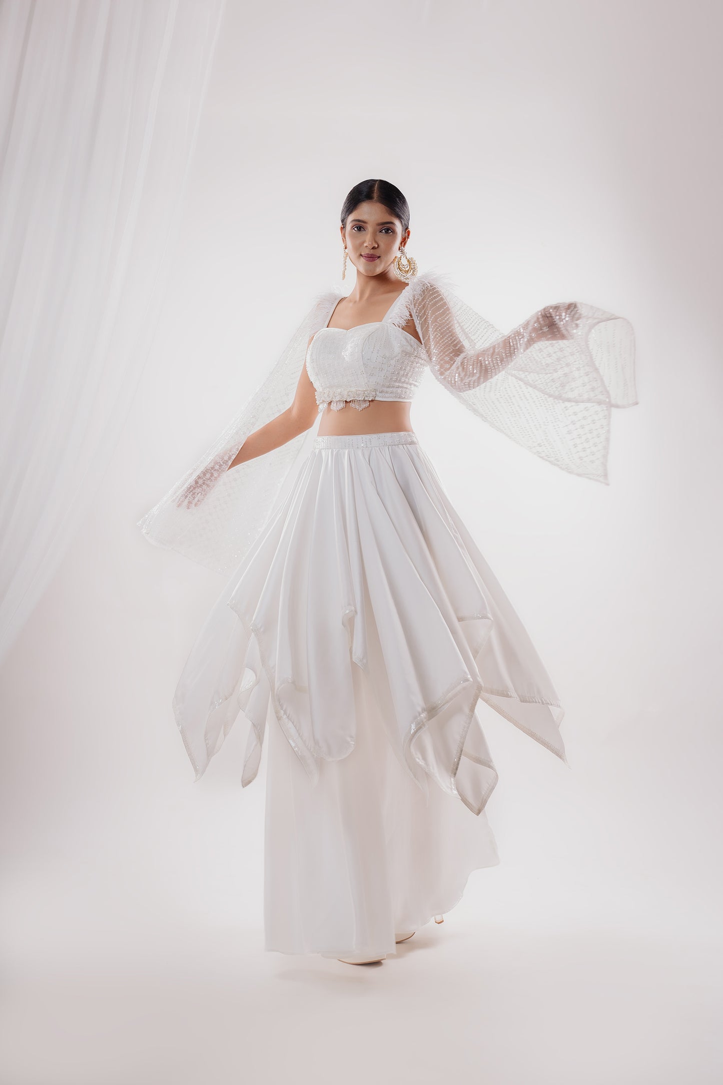 Royal White Two Layer Asymmetric Skirt with Crop Top Embellished with Fur