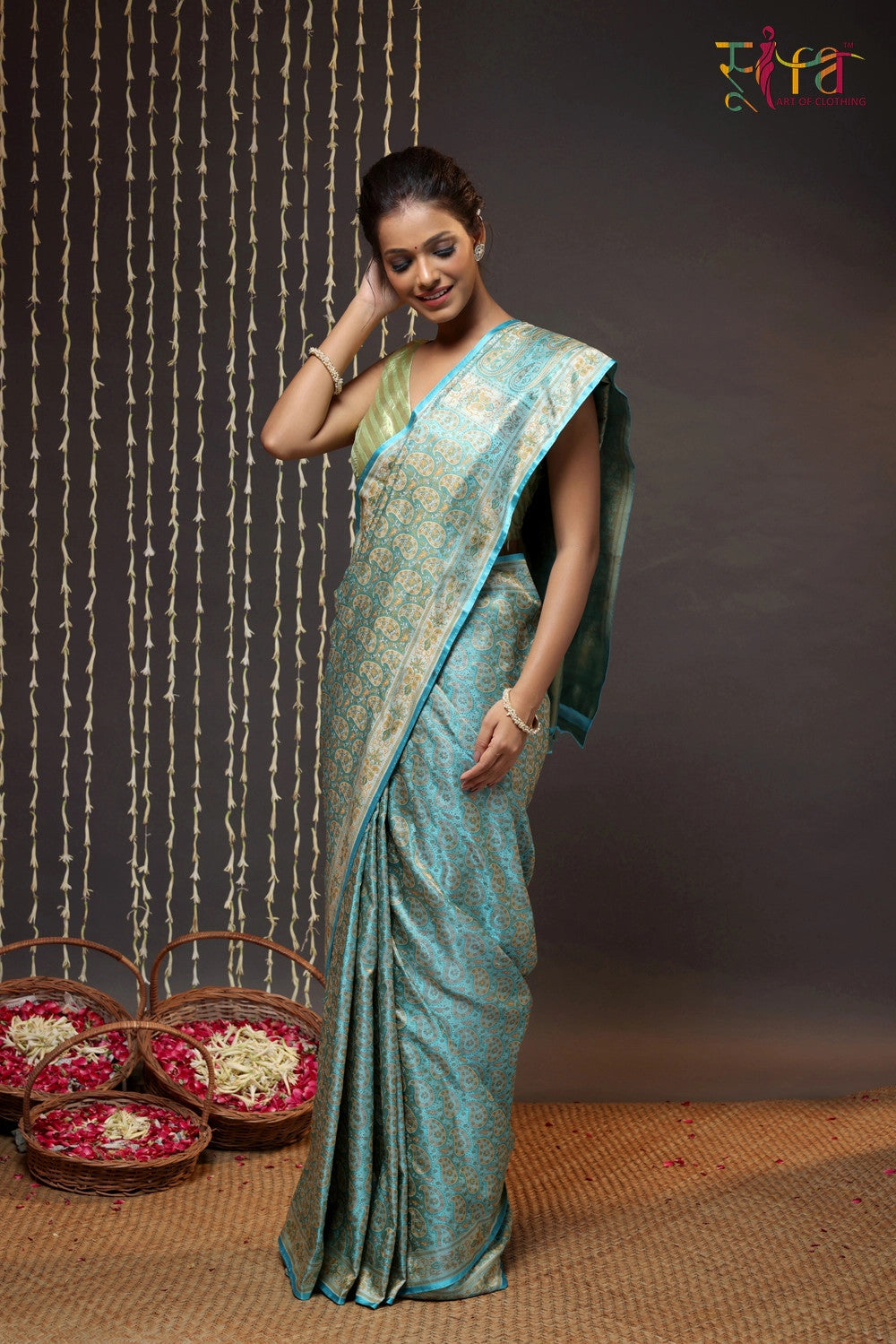 Electric Blue Handloom Pure Silk Banarsi Tanchoi Saree