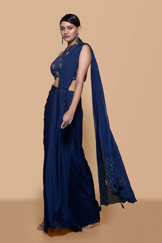 Blue Embroidered Brocade Saree - Sanjev Marwaaha