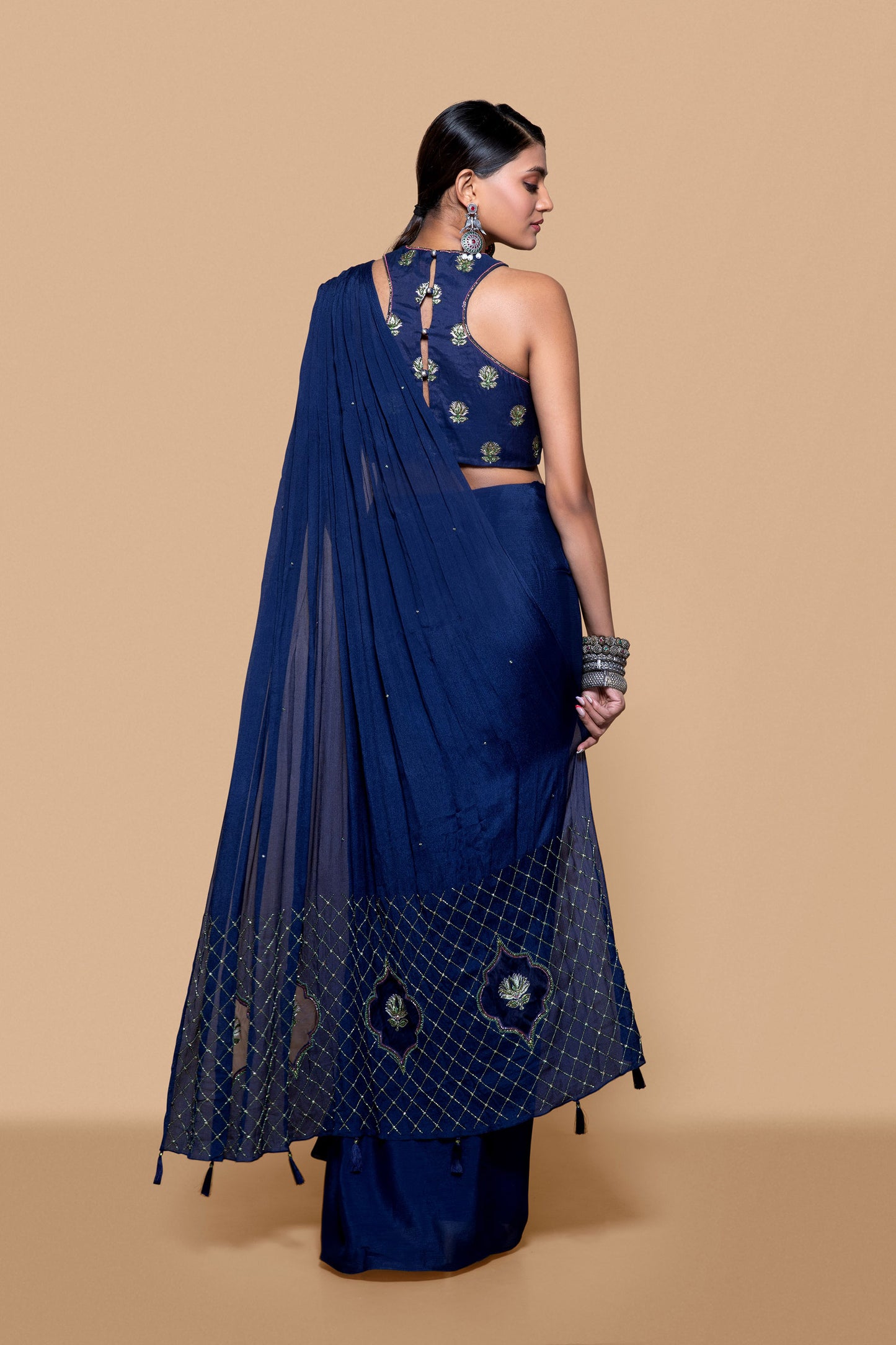 Blue Embroidered Brocade Saree - Sanjev Marwaaha