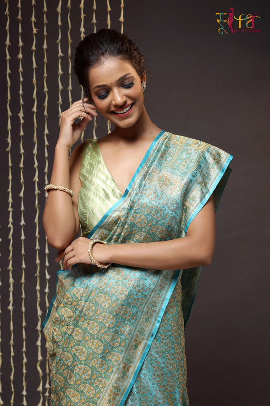 Electric Blue Handloom Pure Silk Banarsi Tanchoi Saree