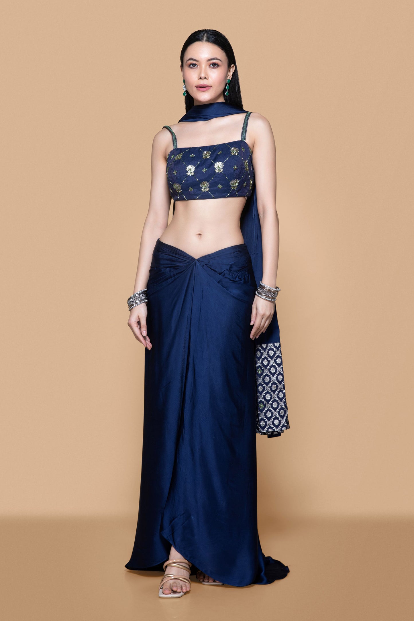 Blue Embroidered Brocade Skirt Set - Sanjev Marwaaha