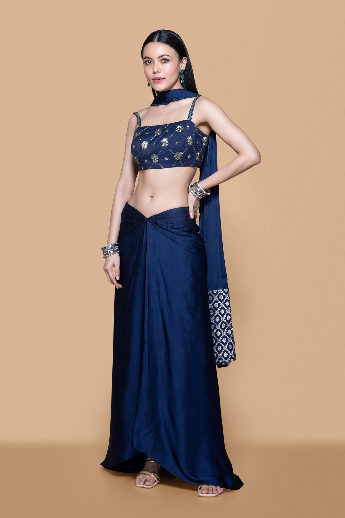 Blue Embroidered Brocade Skirt Set - Sanjev Marwaaha