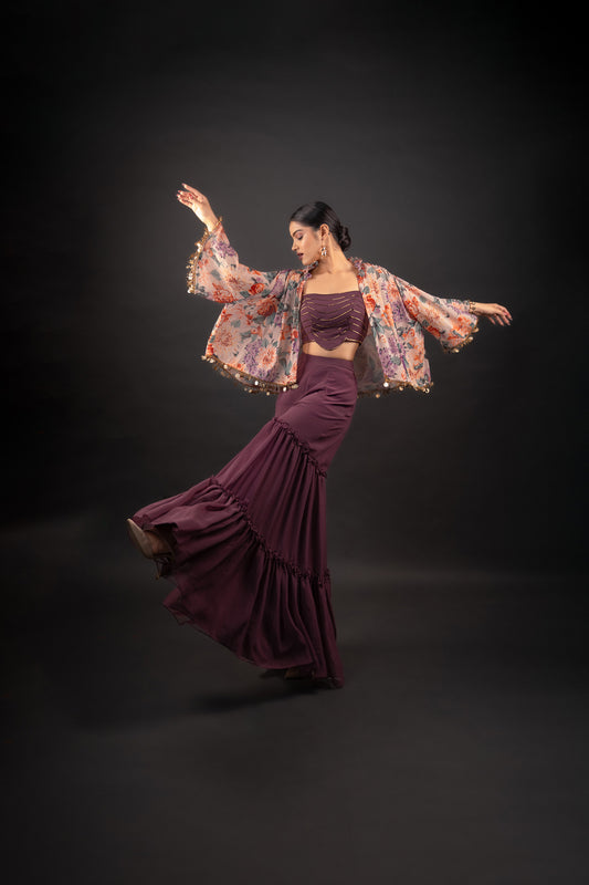 Wine Gharara Pants with Floral Printed Cape and Spaghetti Crop-Top