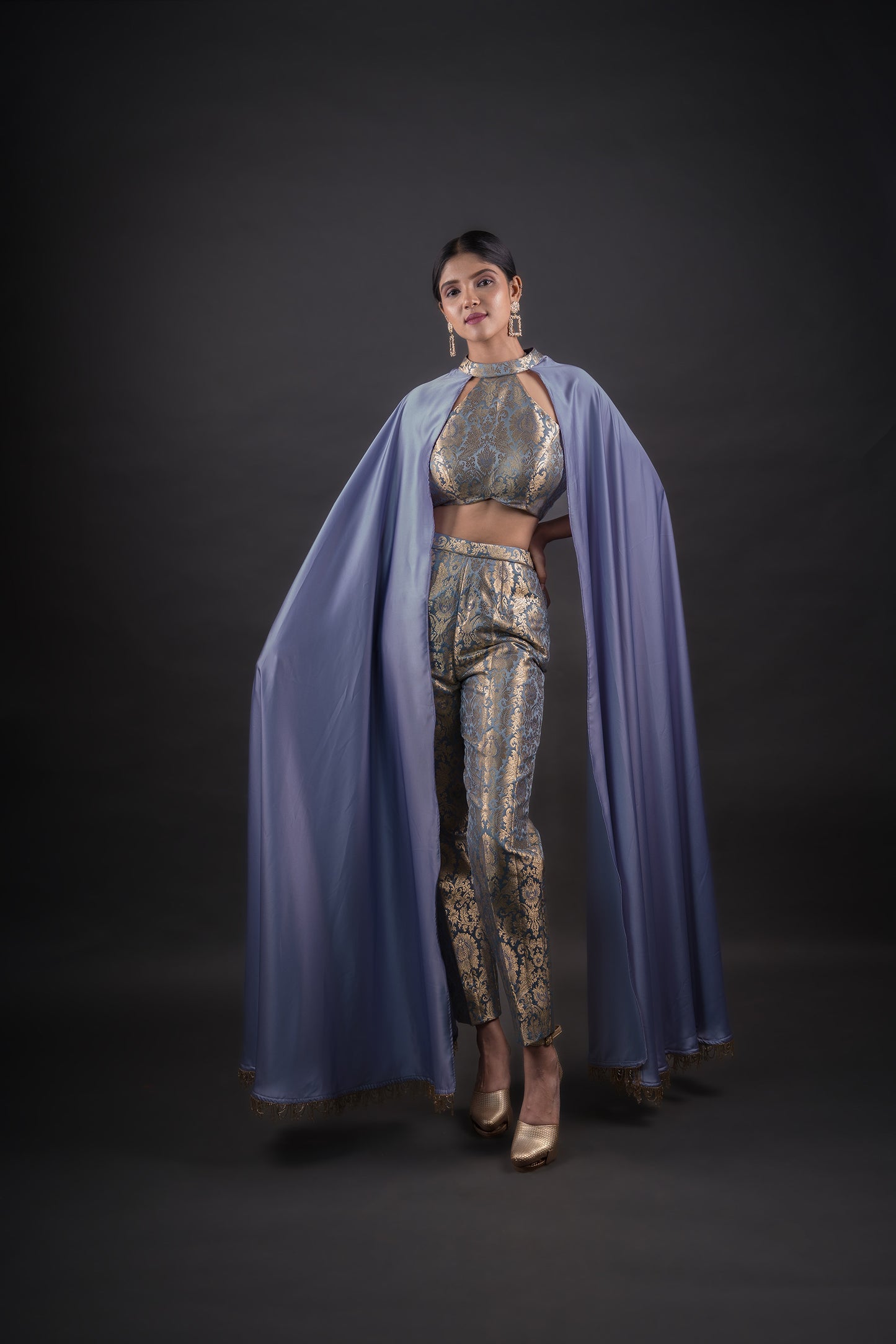 Steel grey ideal brocade crop top paired with Cigar pants