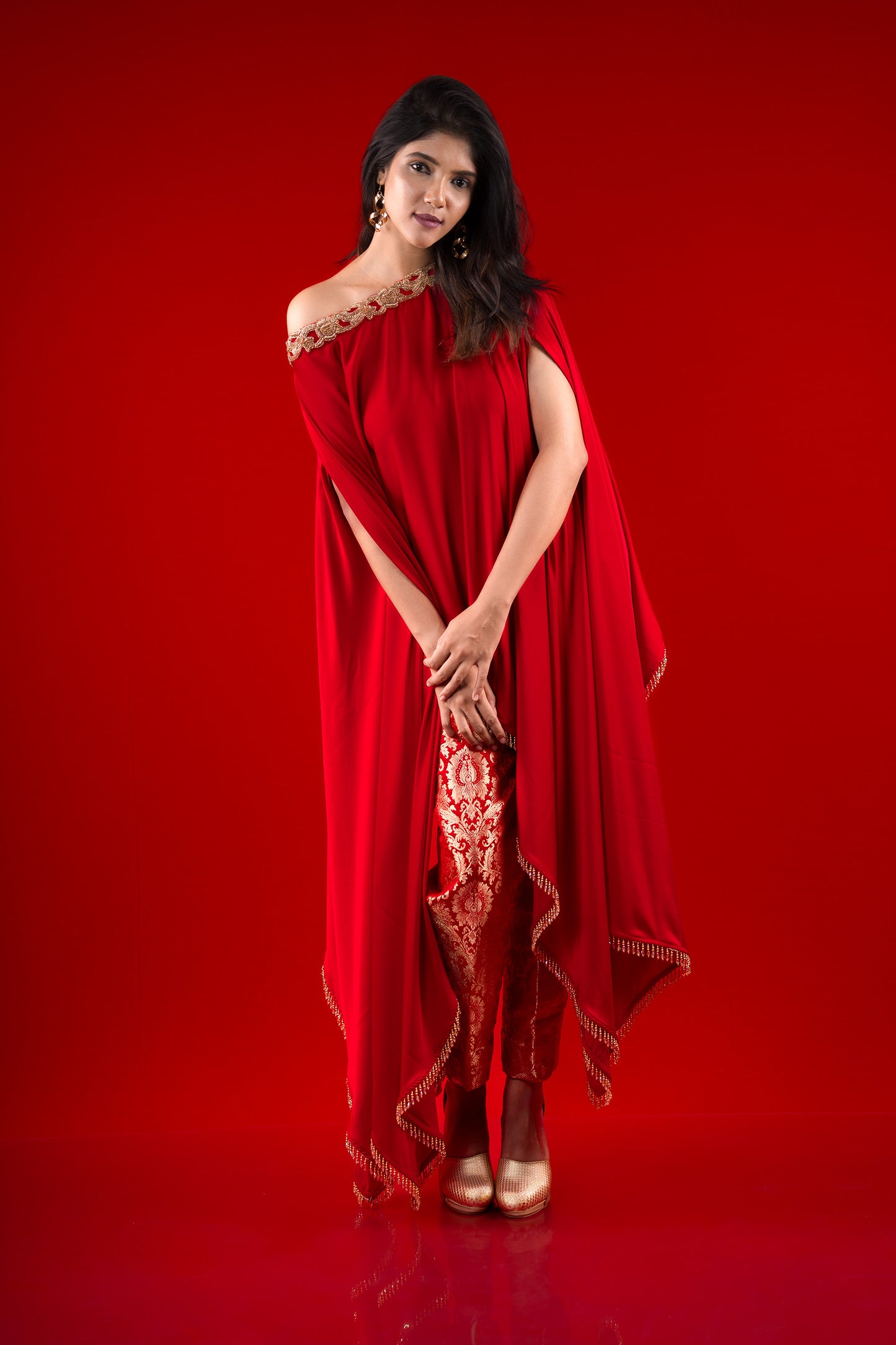 Royal Red One Shoulder Asymmetric Cape with Ideal Brocade Cigar Pants