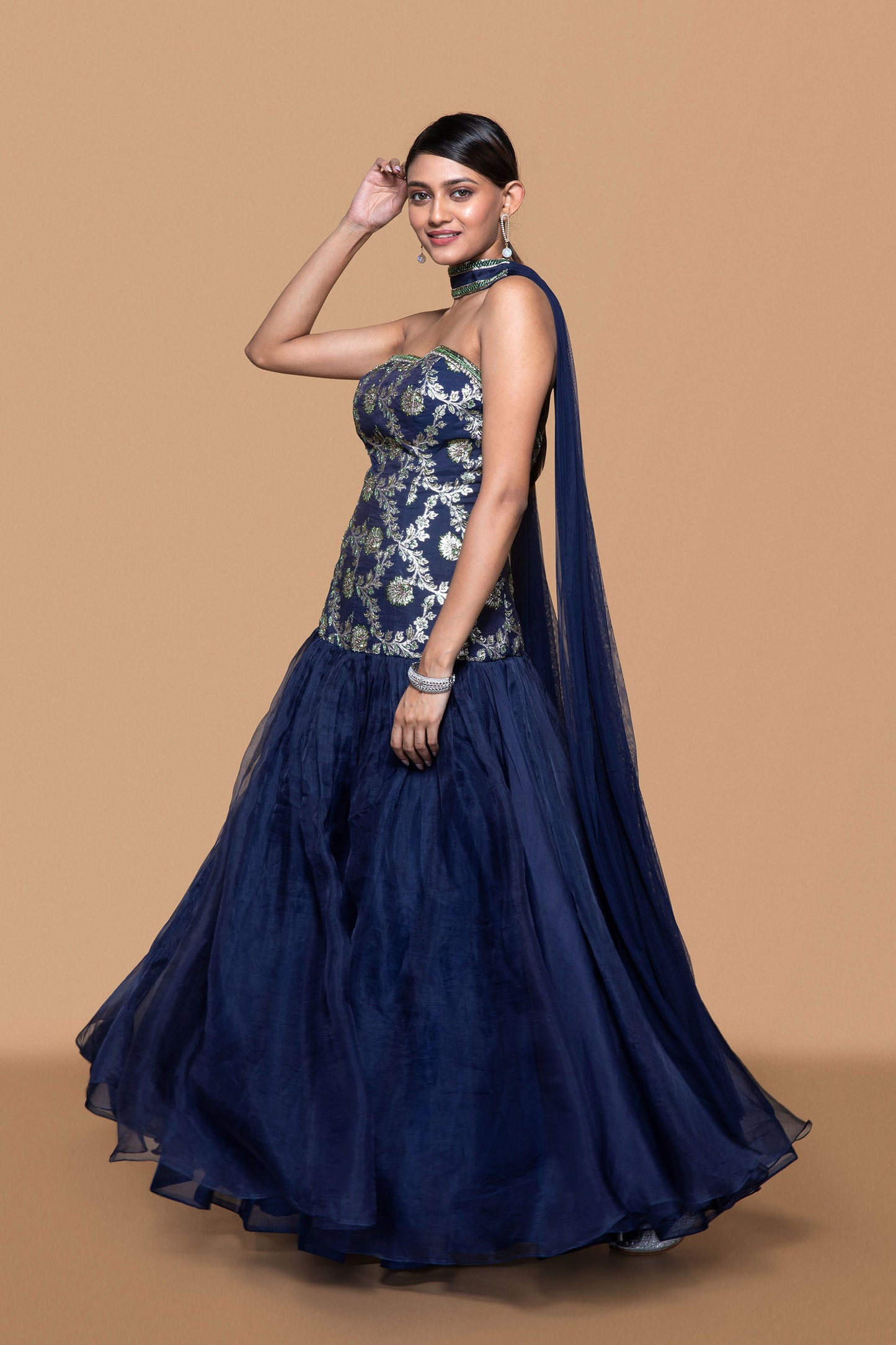 Blue Embroidered Brocade Dress With Dupatta - Sanjev Marwaaha