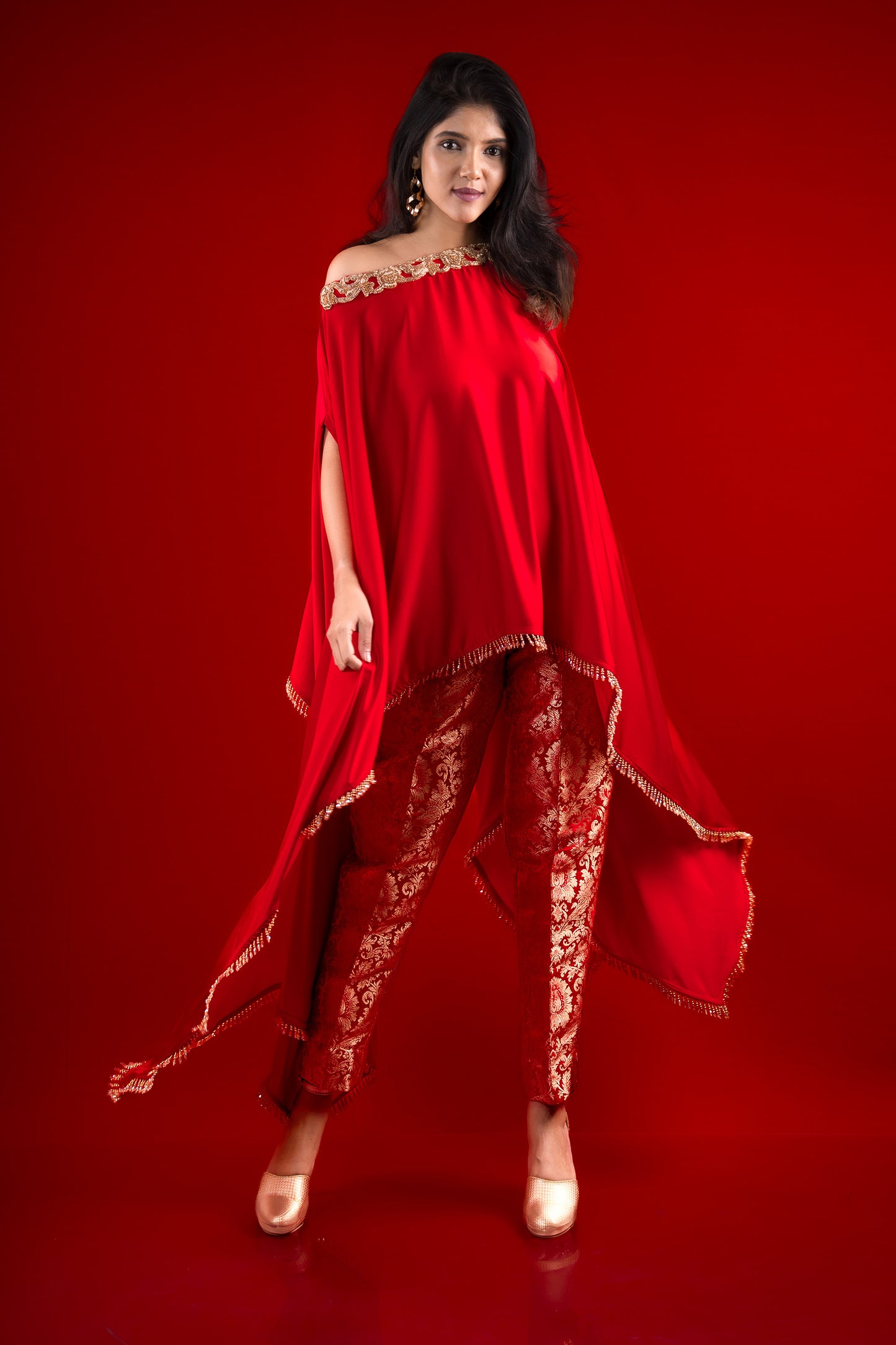 Royal Red One Shoulder Asymmetric Cape with Ideal Brocade Cigar Pants