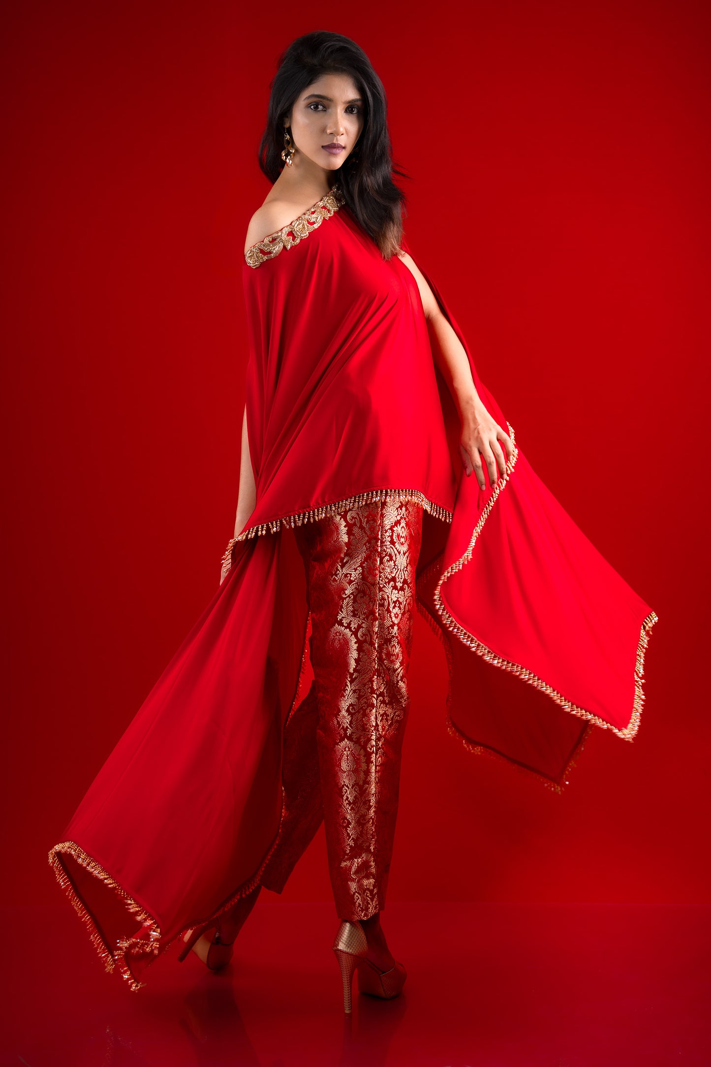 Royal Red One Shoulder Asymmetric Cape with Ideal Brocade Cigar Pants