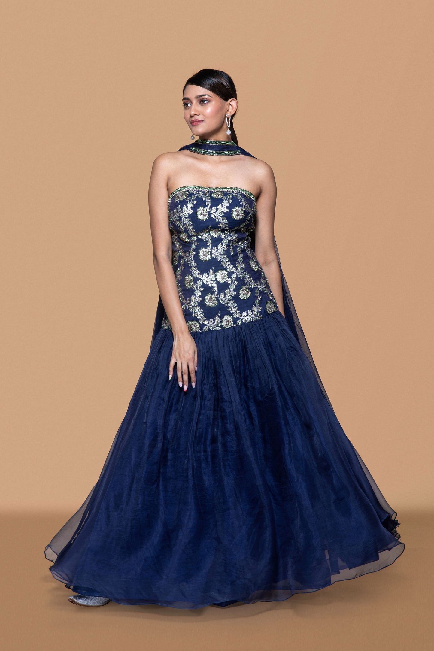 Blue Embroidered Brocade Dress With Dupatta - Sanjev Marwaaha