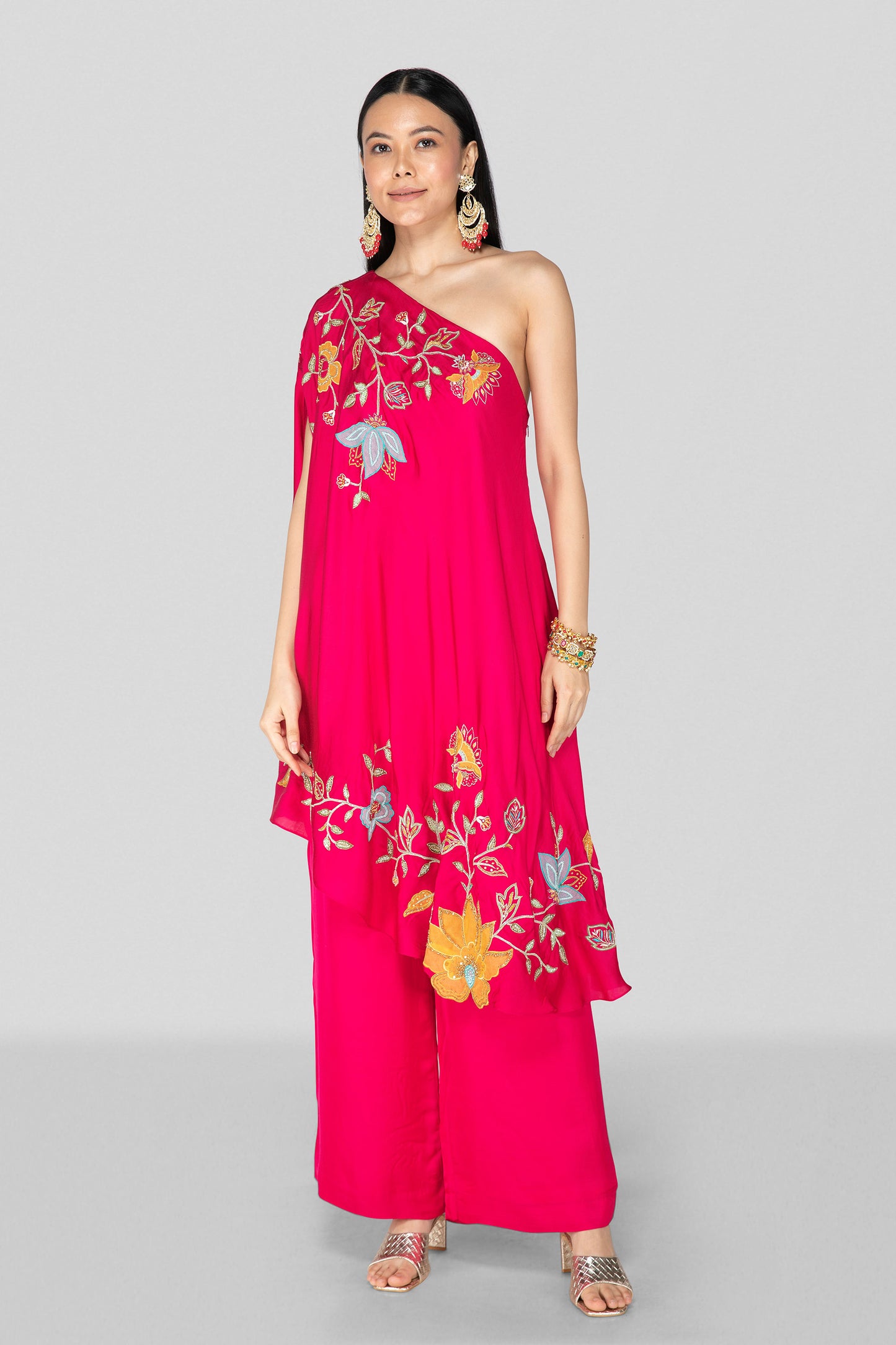 Hot Pink One Shoulder Applique Co-ord Set - Nazm