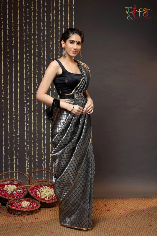 Handloom Silver & Black Chanderi Pure Silk Saree