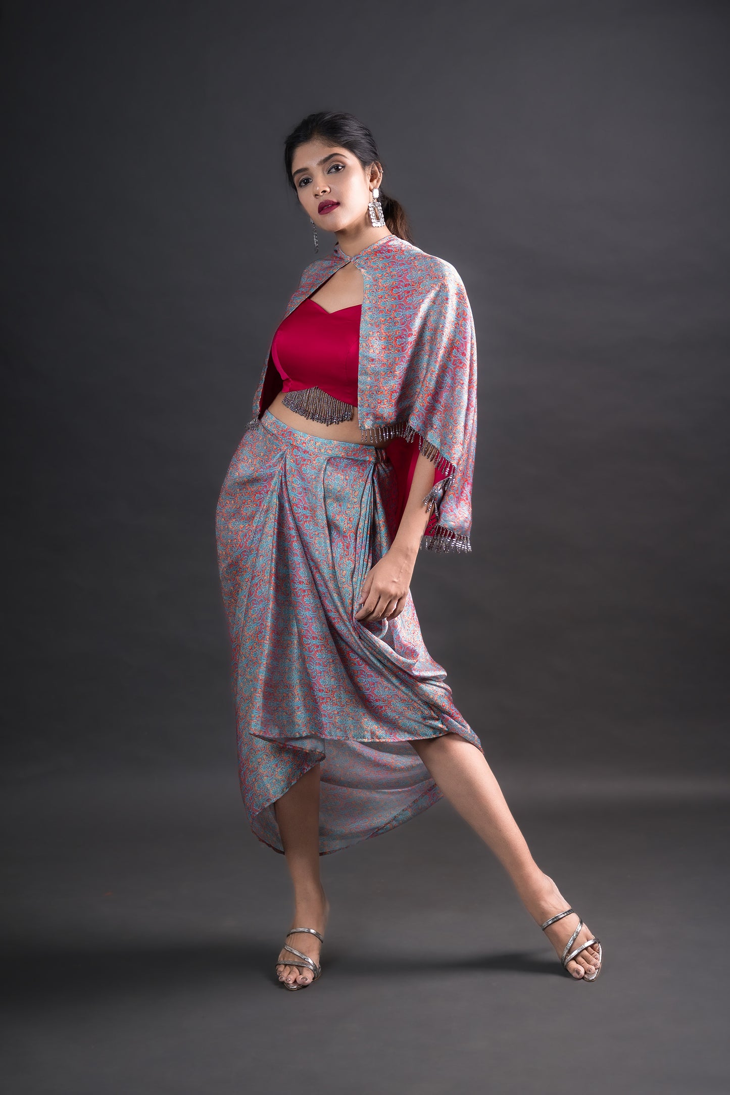 Hot pink crop Top with printed draped skirt and matching cape