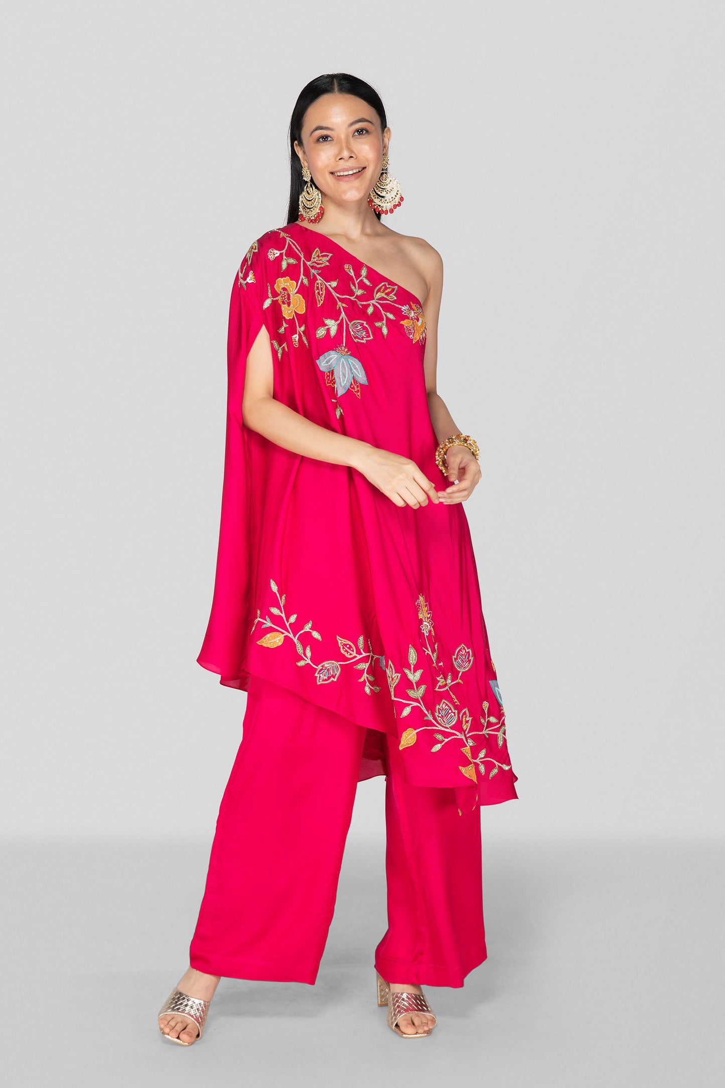 Hot Pink One Shoulder Applique Co-ord Set - Nazm