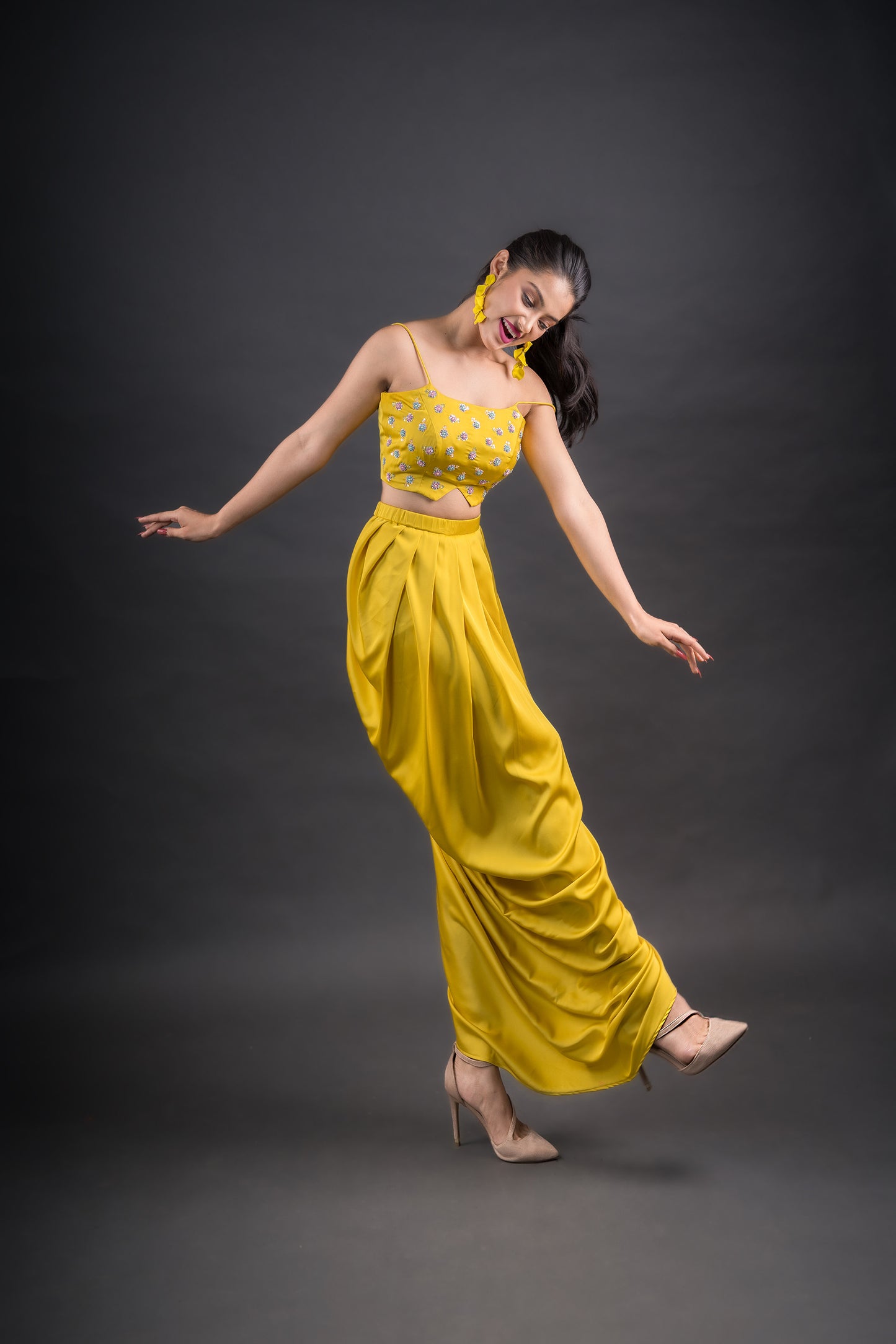 Spice yellow crop top, drapped skirt, with the 2 sided cape