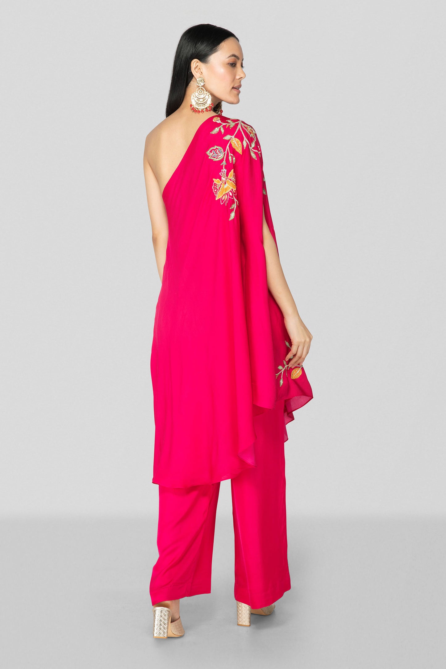 Hot Pink One Shoulder Applique Co-ord Set - Nazm