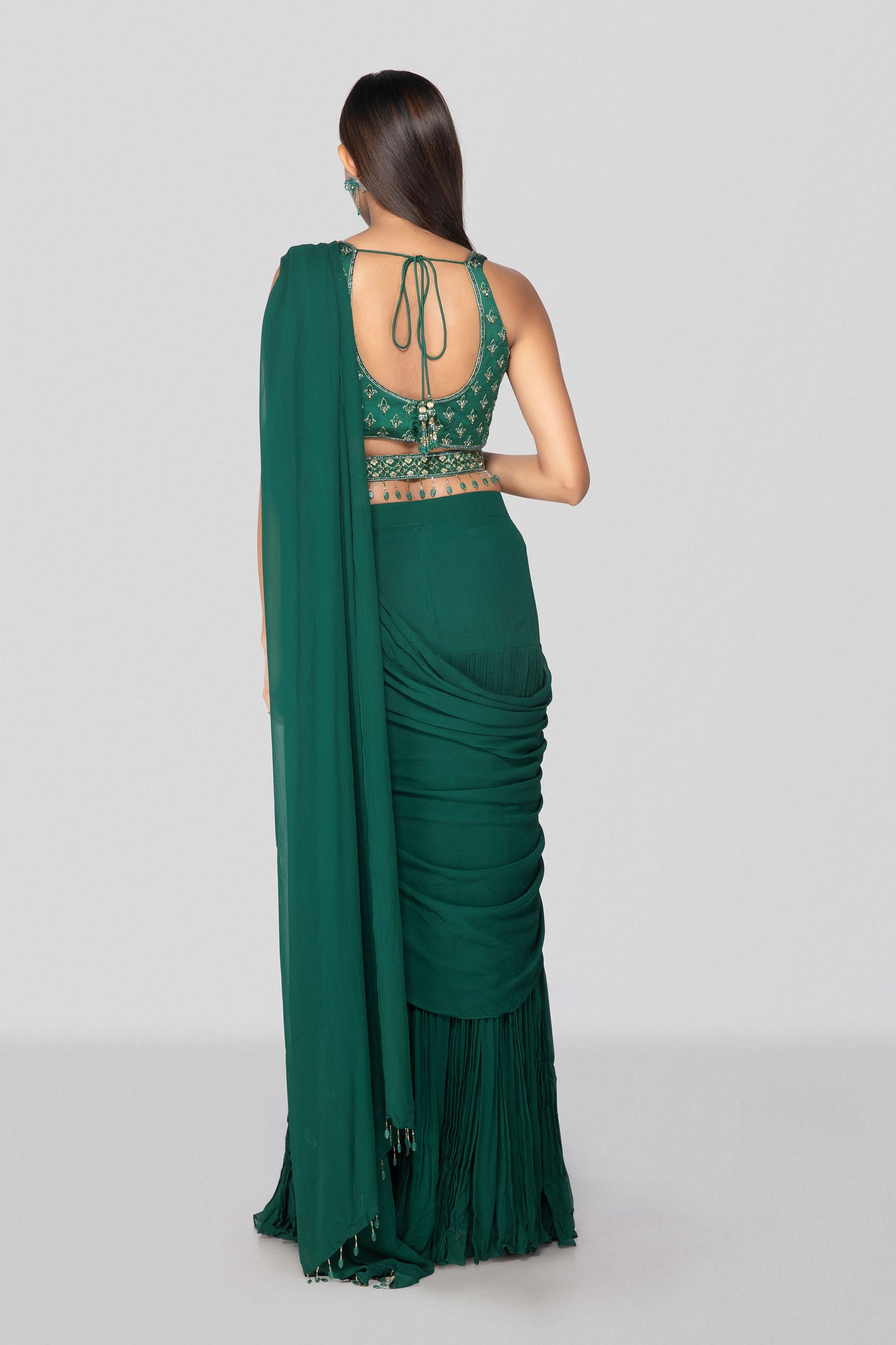 Emerald Green Pre Drape Saree With Blouse - Nazm