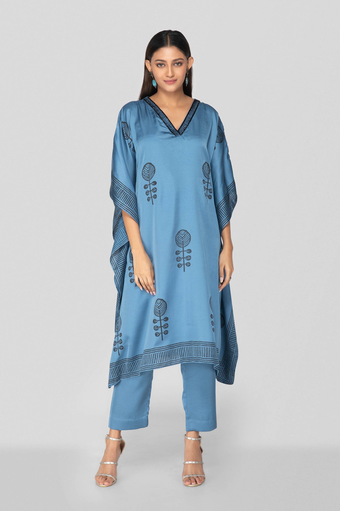 Command Blue Hand Block Printed Kaftan Set