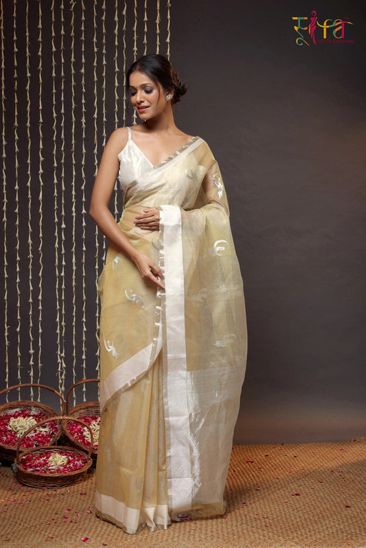 Handloom Gold Chanderi Pure Katan Silk Saree