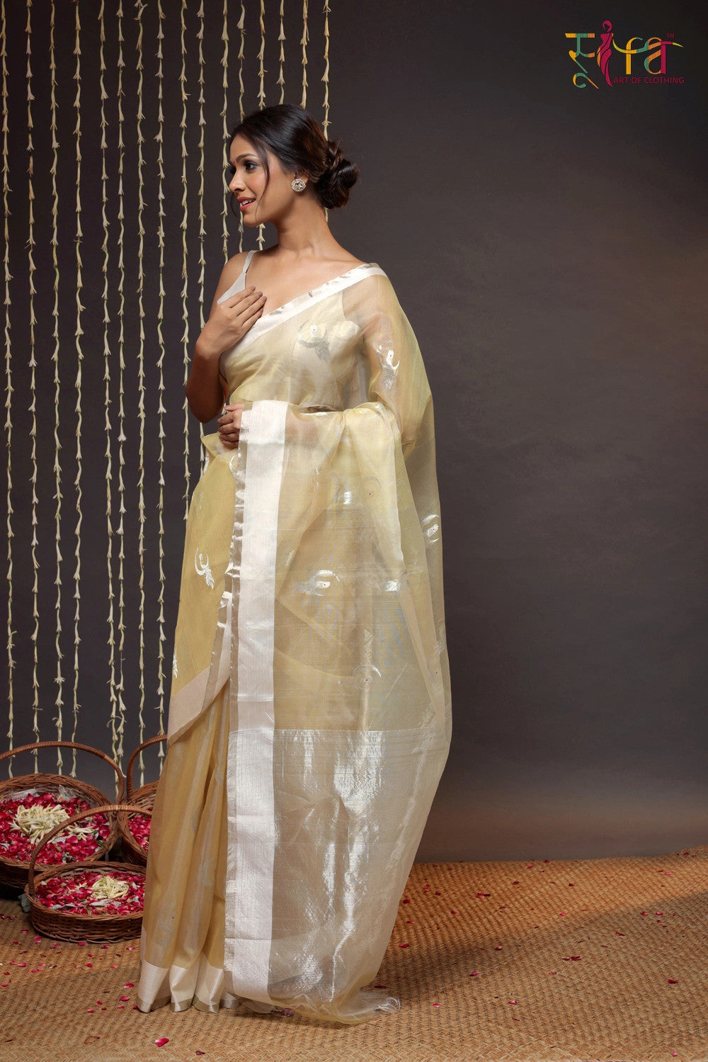 Handloom Gold Chanderi Pure Katan Silk Saree