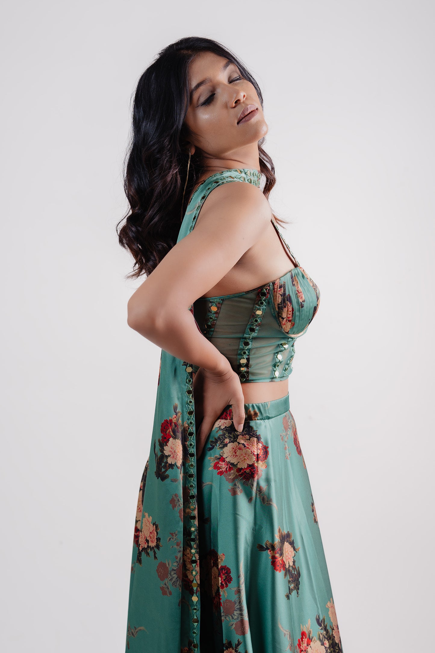 Dusty Green Floral Corset Blouse with Umbrella Skirt