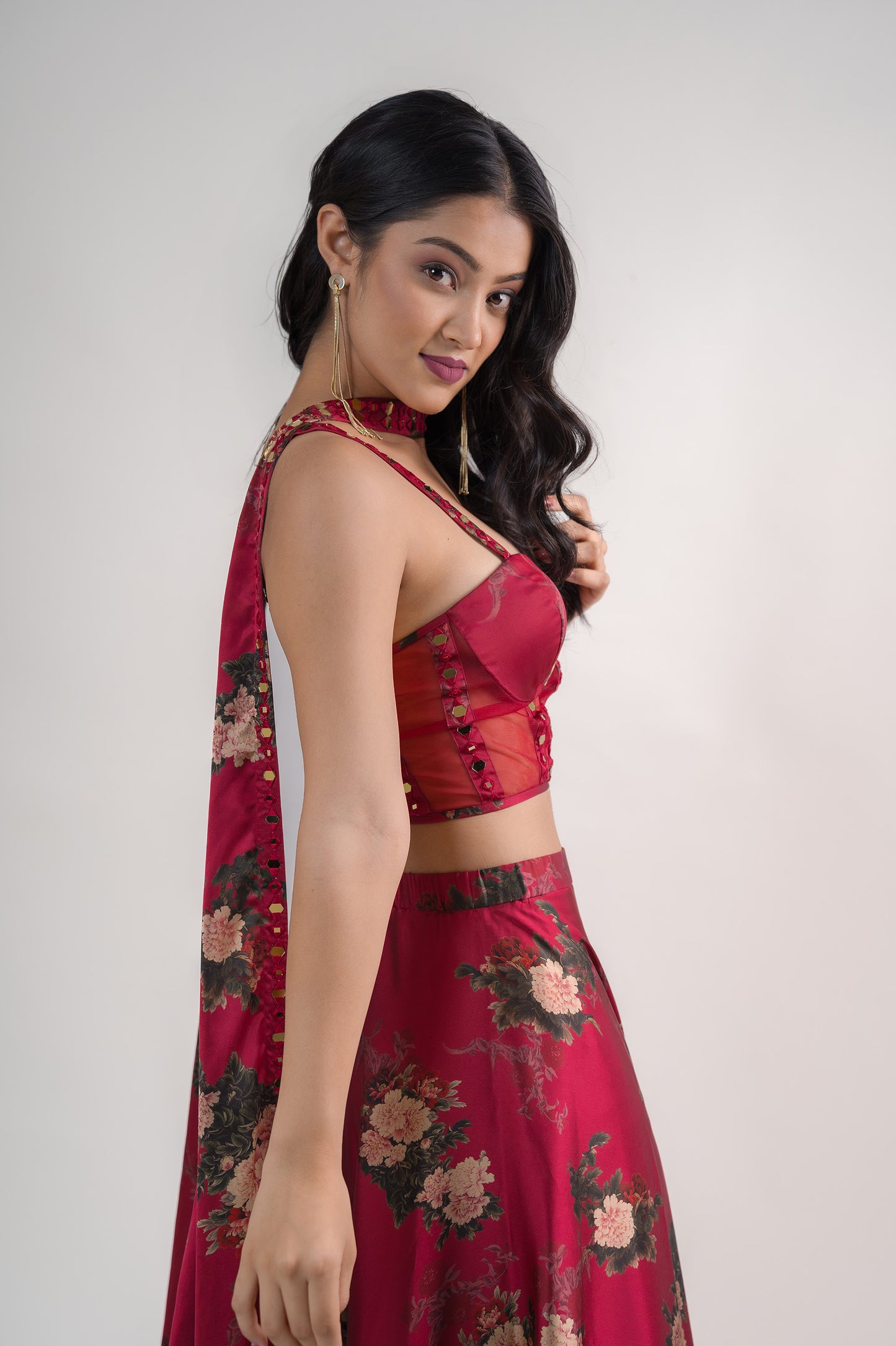 Maroon Floral Corset Blouse with Umbrella Skirt & Choker Dupatta