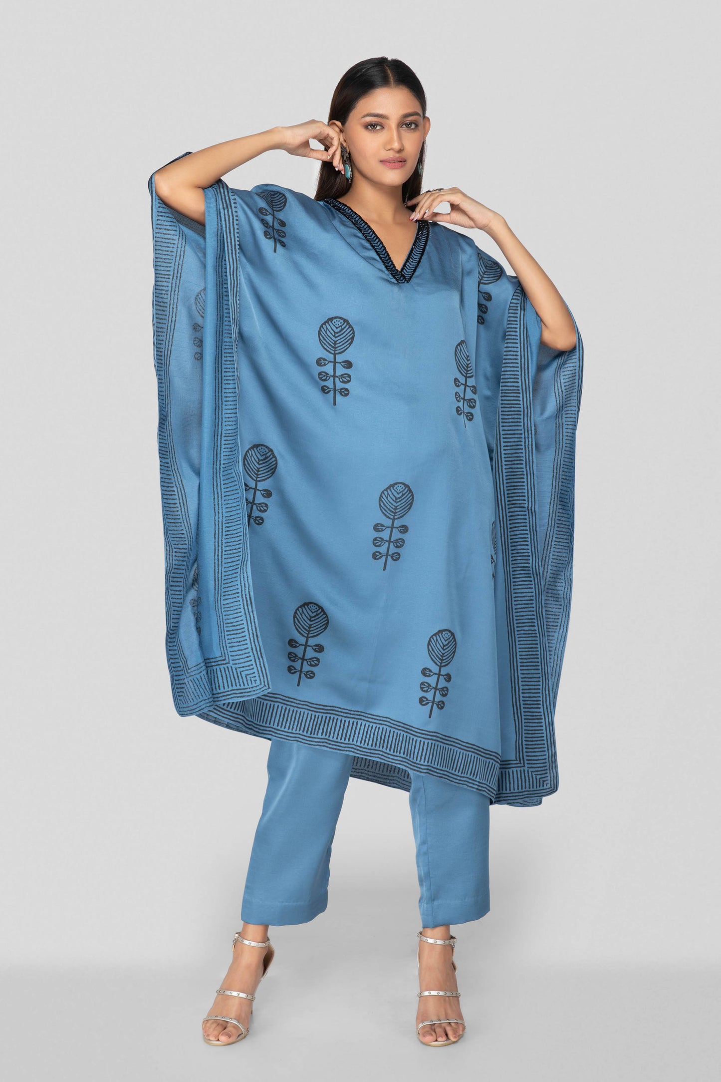 Command Blue Hand Block Printed Kaftan Set