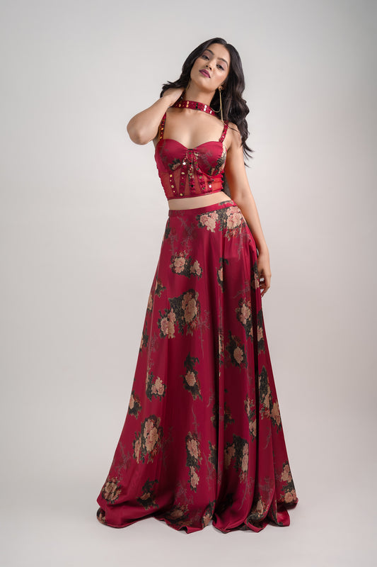 Maroon Floral Corset Blouse with Umbrella Skirt & Choker Dupatta